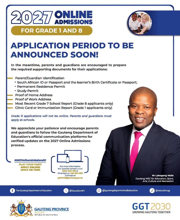 GDE-aansoeke vir Graad 1 en Graad 8, 2027