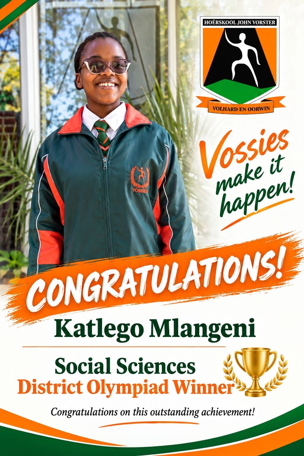 Katlego Mlangeni, wenner van die Sosiale Wetenskappe Distriksolimpiade