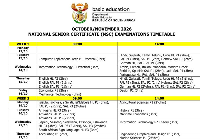 Amptelike NSS-eksamenrooster vir Oktober/November 2026