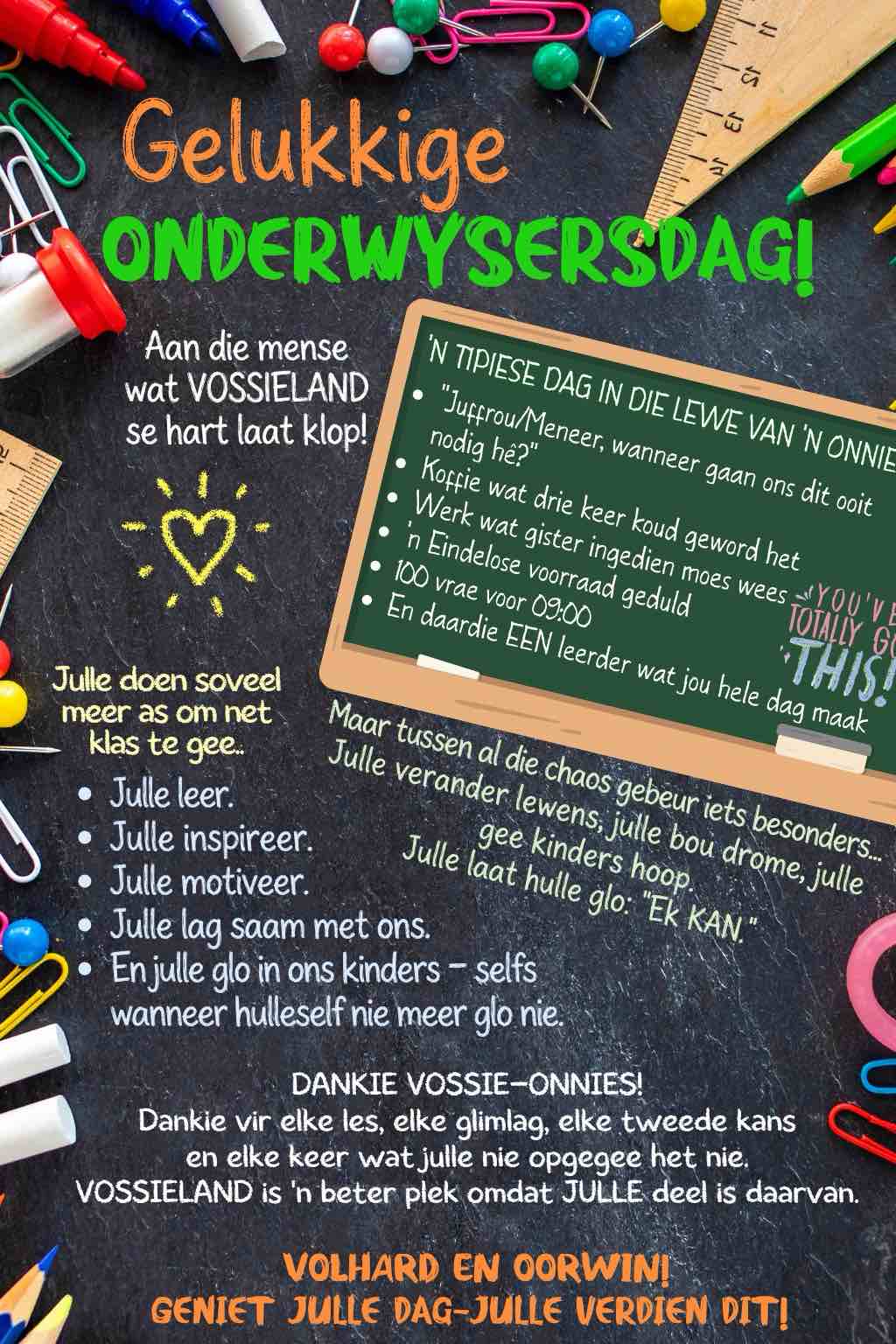 Plakkaat: Gelukkige Onderwysersdag — 'n dankie aan ons Vossie-onnies
