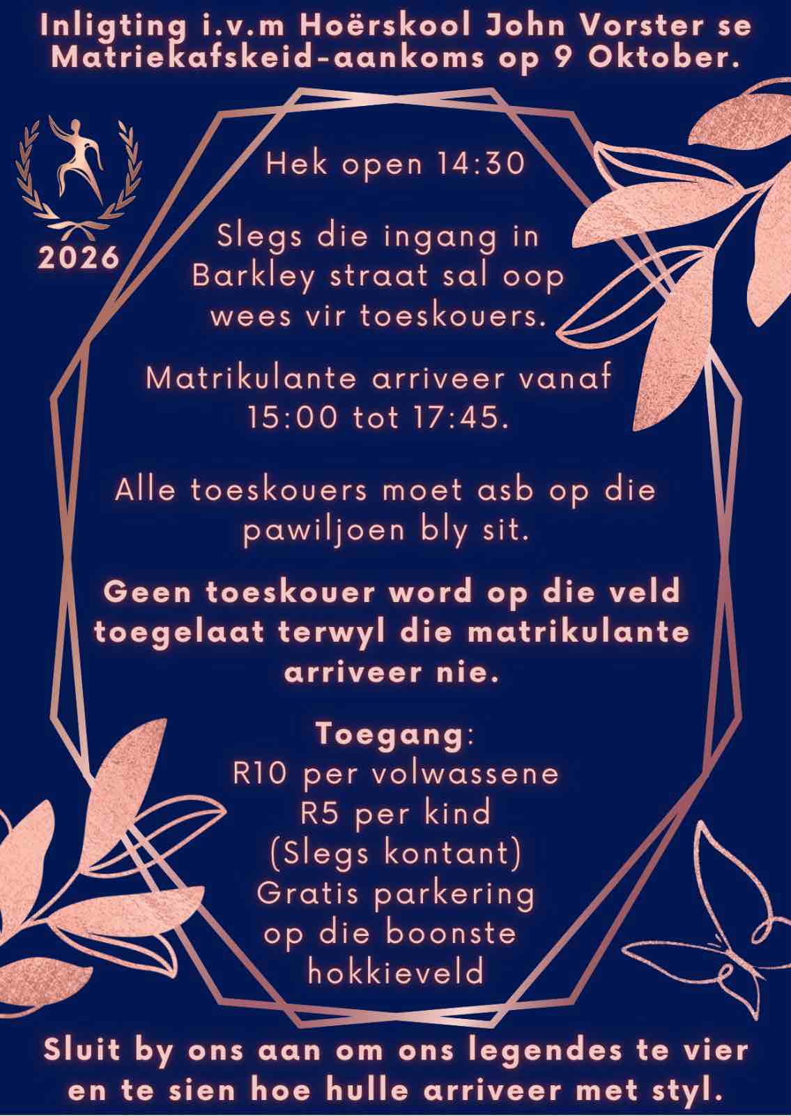 Inligtingsplakkaat vir die Matriekafskeid-aankoms op 9 Oktober 2026