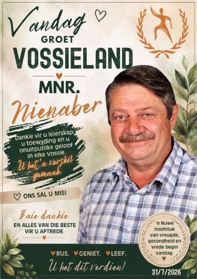 Mnr Jan Nienaber, ons skoolhoof vir baie jare, tree af