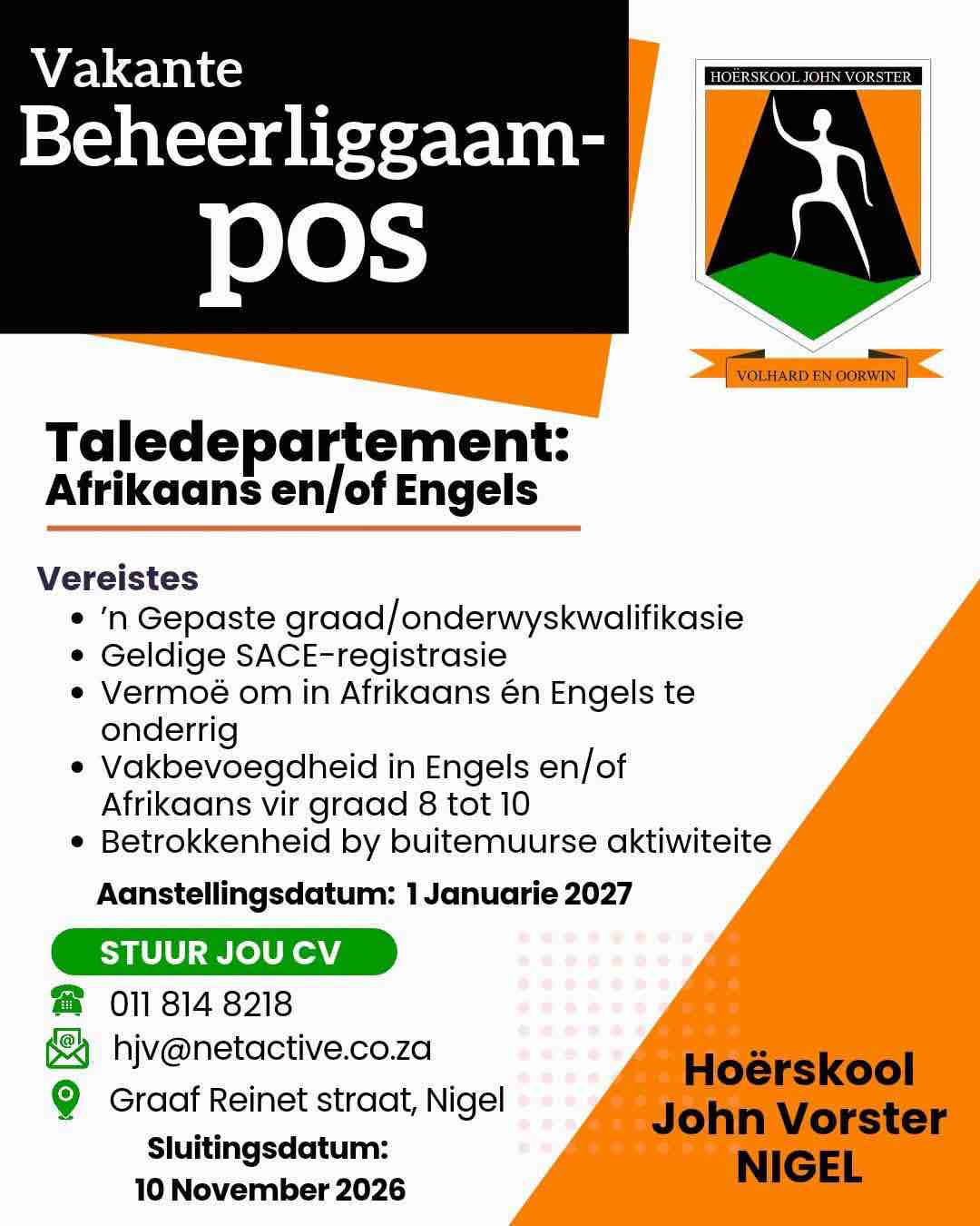 Plakkaat: Vakante beheerliggaampos in die Taledepartement, Afrikaans en/of Engels, vanaf 1 Januarie 2027